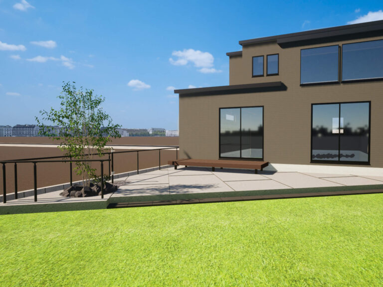 栃木市の人工芝とウッドデッキが映える裏庭外構